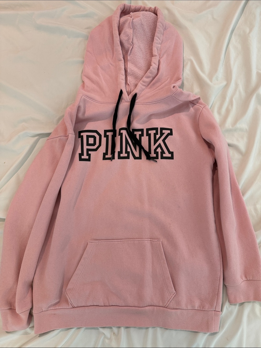 PINK Victoria's Secret Light Pink Sherpa-Lined Hoodie with Black Logo